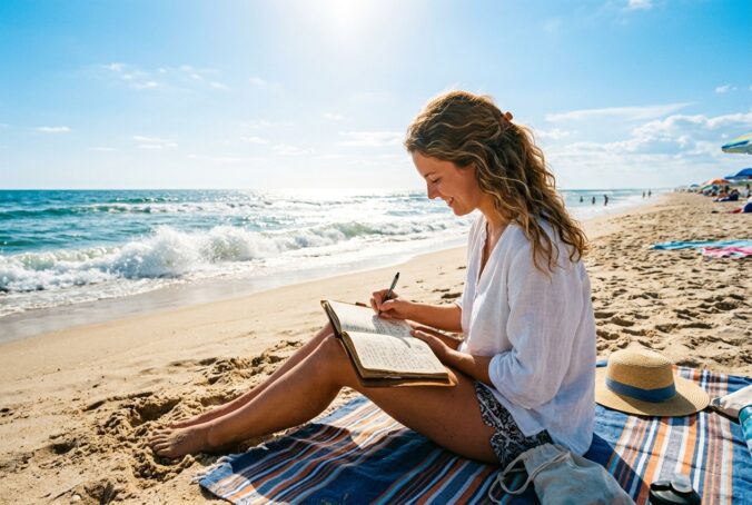 Woman sitting on a striped beach towel at the shore, writing in a notebook as waves roll in.
